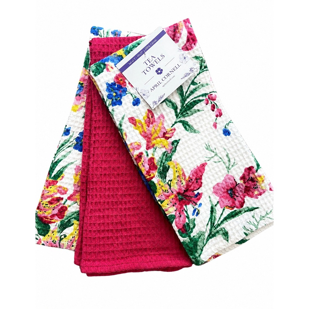 APRIL CORNELL KITCHEN TOWELS (3) WHITE FLORAL HOT PINK WAFFLE WEAVE COTTON NWT